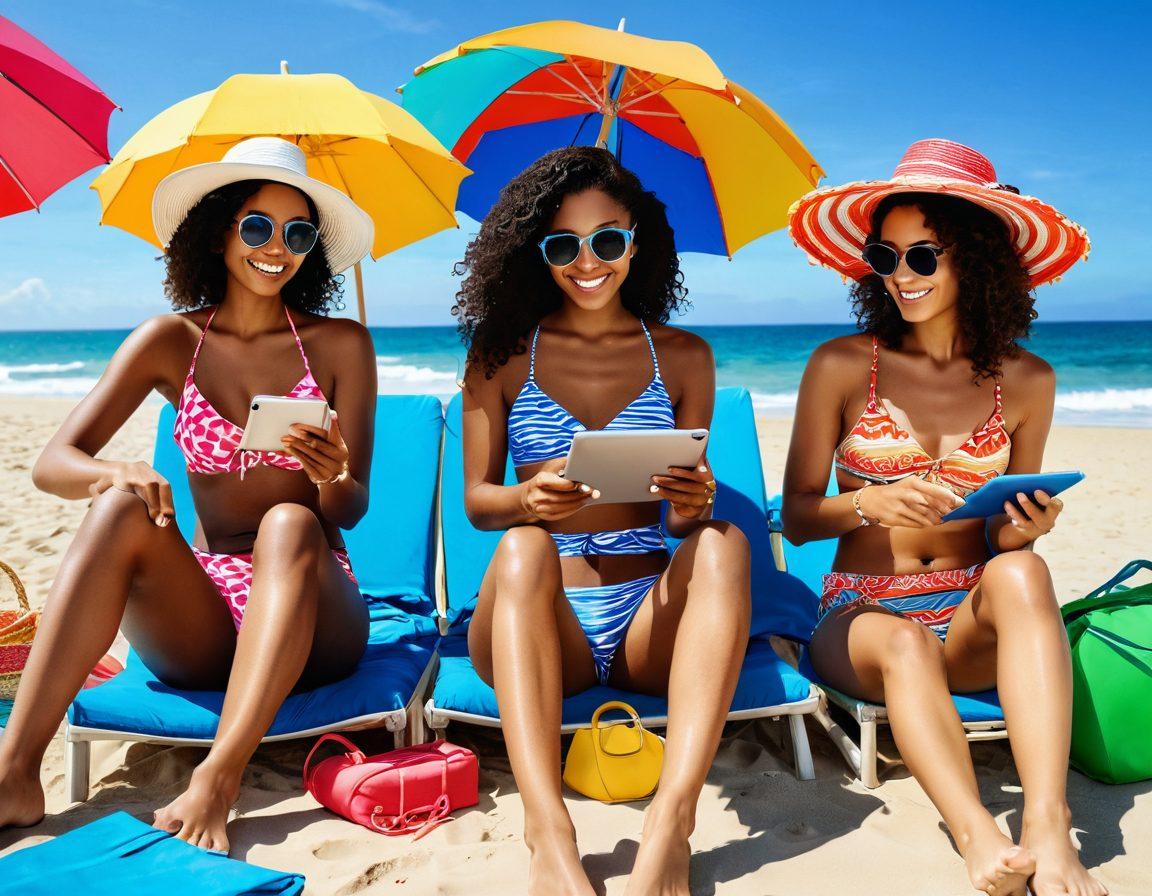 A sun-soaked beach scene featuring a diverse group of happy individuals in trendy swimwear, joyfully browsing an online shop on their tablets and smartphones. Surrounding them are colorful umbrellas and beach accessories, creating a vibrant atmosphere. Include playful waves and a clear blue sky in the background, emphasizing the joy of summer shopping. The style should be bright and cheerful, capturing the essence of vacation vibes. super-realistic. vibrant colors. beach setting.